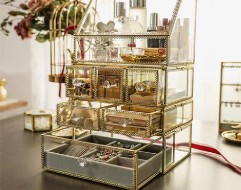 转卖金色铜边大号透明玻璃化妆品收纳盒桌面化...