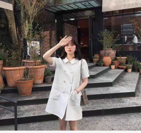 安娜重工设计感a字裙短裙 法式双排扣裙子宽...