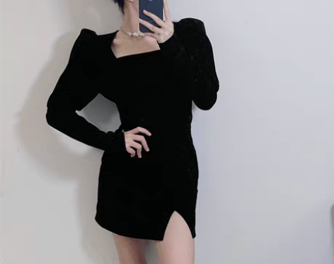 转卖泡泡袖开叉显瘦丝绒A字裙 36包邮 感...