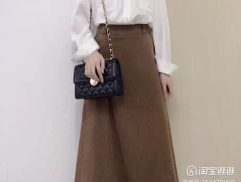 转卖法式复古高腰伞裙咖啡色学院风裙子中长卡...