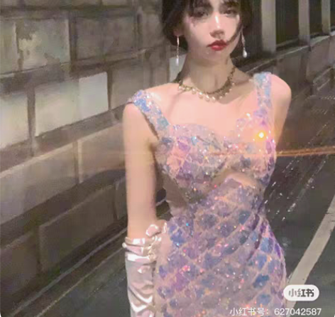 林木婷子同款亮片鱼尾裙出租 s码性感闪耀粉...