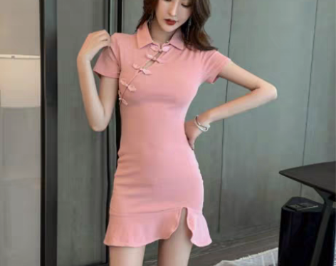 转卖夏季新款时尚少女旗袍短袖翻领修身显瘦复...