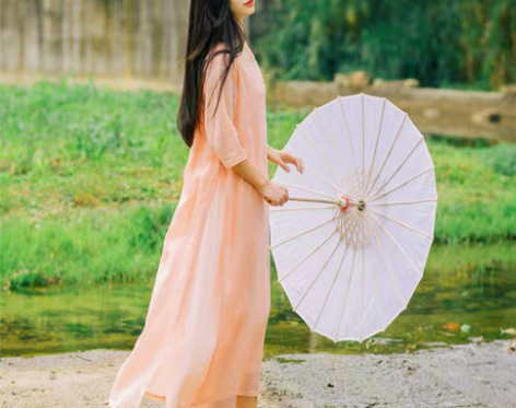转卖古风女装连衣裙橘粉色春秋款圆领中国风中...