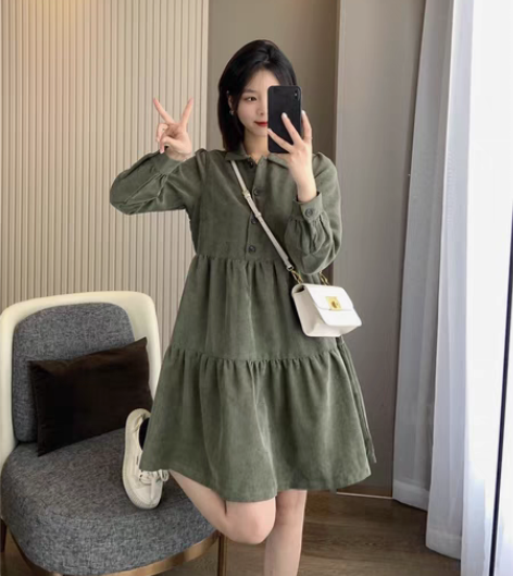 包邮英国单 春秋复古灯芯绒A字减龄长袖衬衫...