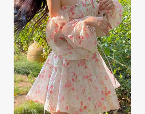 转卖9.9新春夏装一字肩长袖碎花短裙子纯欲...