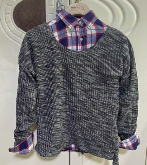 包邮中性风红蓝格子衬衣+圆领针织衫两件套春...