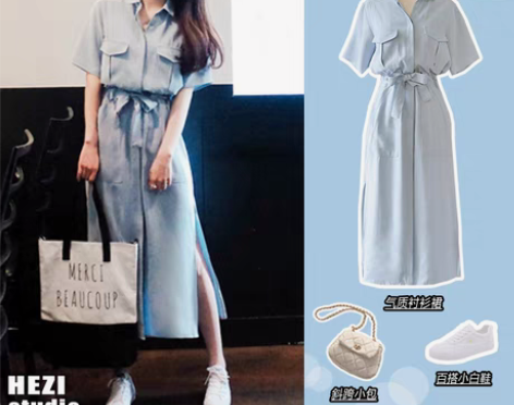 包邮女夏季雪纺气质短袖抽带连衣裙 天蓝色 ...