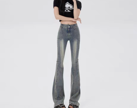 转卖ZNZW复古蓝高腰喇叭牛仔裤女2023...