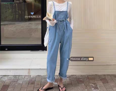 包邮减龄吊带裤女高腰牛仔裤背带裤2021春...