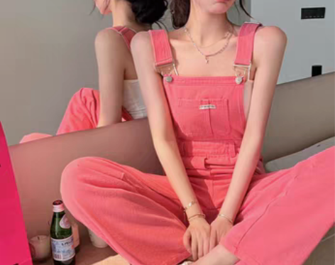 转卖粉色工装背带牛仔裤女装夏季薄款高腰显瘦...