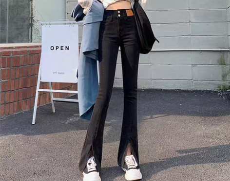 转卖【年货价】黑色开叉加绒牛仔裤女秋冬20...