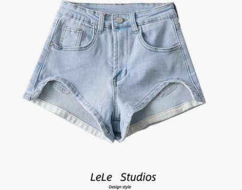 转卖【包邮】大长腿浅蓝色显瘦不规则高腰修身...