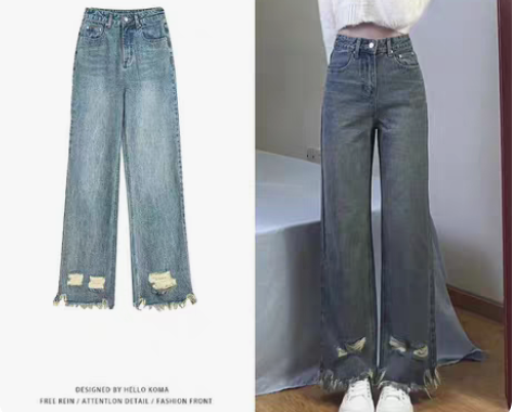 2023春夏新款韩版高腰破洞老爹牛仔裤显瘦...