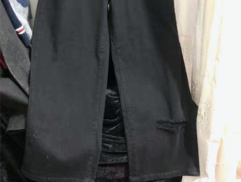 高版阔腿黑色女款破洞牛仔裤 细节看图面料很...