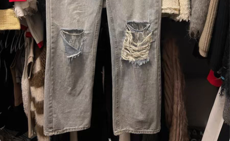 韩国代购韩货 阔腿破洞蕾丝牛仔裤 9.5新...