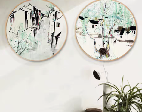 转卖新中式客厅圆形实木框装饰画吴冠中多联挂...