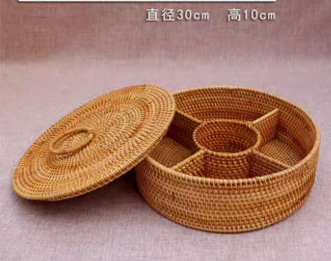 转卖水果篮零食盒越南藤编收纳筐客厅圆形大水...