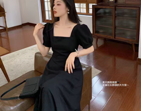 转卖南瓜谷红与黑裙~黑色连衣裙女夏泡泡袖法...