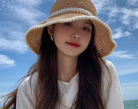 转卖帽子女编织珍珠草帽夏季海边大檐遮阳防晒...