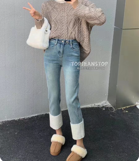 羊羔绒拼接牛仔裤女冬季加绒小个子九分宽松显...