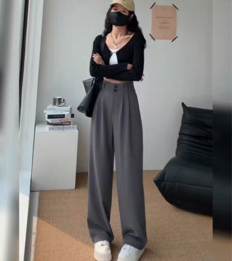 包邮卡其色高腰阔腿裤女春秋宽松显瘦直筒裤垂...