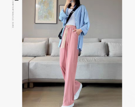 包邮条纹冰丝阔腿裤女2022新款春秋夏季五...