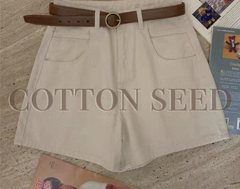转卖复古少女自然森林色百搭基础款米色牛仔短...