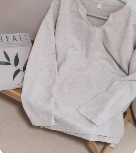 华夫格u领长袖棉质衫 -厚度春秋穿刚好｜宽...