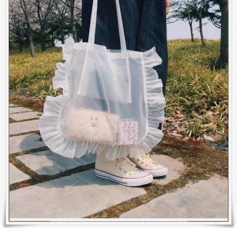 包邮justmoi 花边木耳边纱织透明手提...