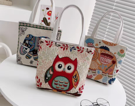 包邮2022新款百搭卡通刺绣托特包动物帆布...