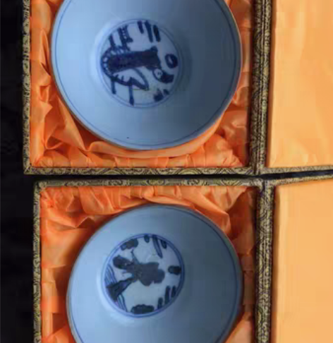 包邮明代卵白釉青花人物碗，全品，一对 #老...