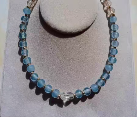 vintage琉璃项链。古董琉璃浅海蓝圆珠...