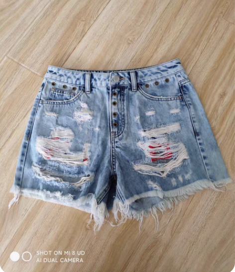 包邮拉夏贝尔品牌全新M码高腰无弹力牛仔短裤...