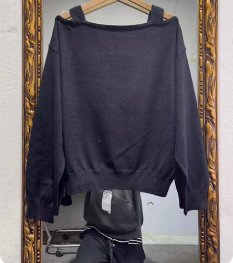 包邮外贸日单 超美黑色吊带一字肩款针织毛衣...