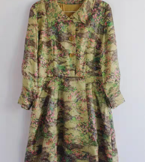 vintage尖货古着连衣裙长袖真丝油画文...