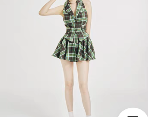 转卖BS 派对甜心 美式复古绿色格纹学院风...