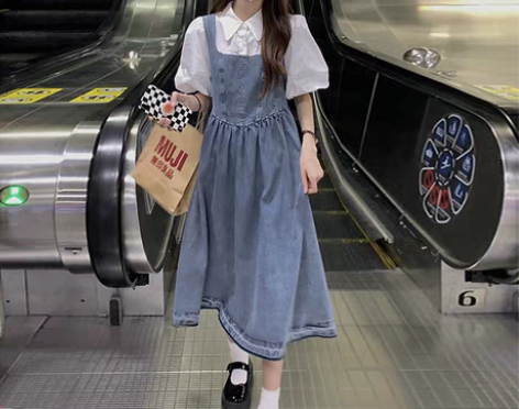 转卖【88狂欢价】假两件牛仔背带长裙子少女...