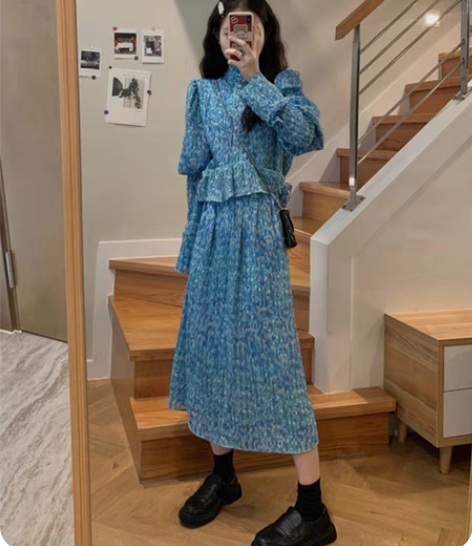 港风chic法式温柔蓝色碎花裙女新款中长款...