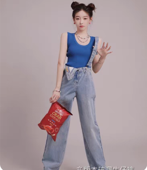 ONCE AGAIN 高街设计感高腰牛仔裤...