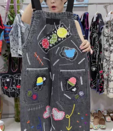 包邮泰国手工刺绣背带牛仔裤 臀围96 背带...