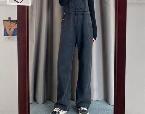 转卖2021春秋新款港味牛仔背带裤女宽松显...