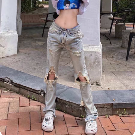 大码复古做旧破洞牛仔裤女2023新款女装高...