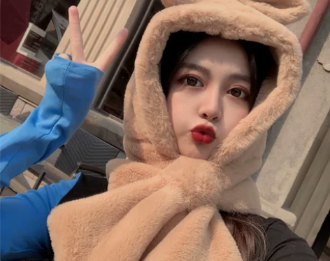 耳朵帽子女冬天连帽可爱围巾韩版秋冬围脖一体...