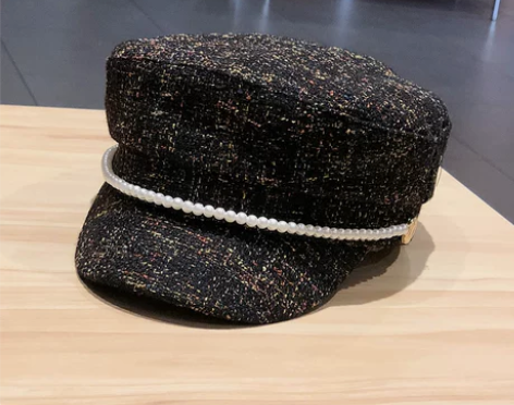 小香风珍珠海军帽子女秋冬韩版潮贝雷帽日系英...