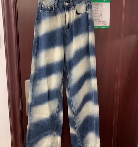 美式复古水洗做旧浅色宽松直筒牛仔裤男女阔腿...