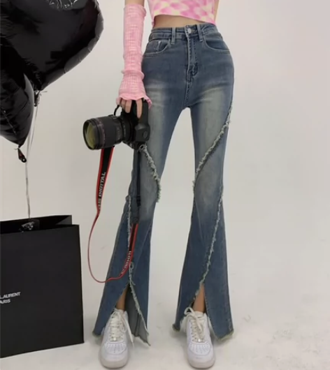 实拍实价#复古开叉牛仔裤女修身弹力高腰显瘦...