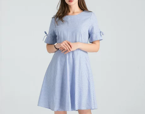 简朵夏季百搭潮流时尚收腰修身裙子条纹显瘦短...