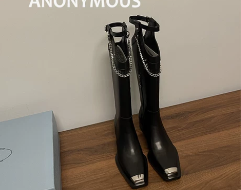 【Anonym】超酷~直筒链条显瘦粗跟长筒...