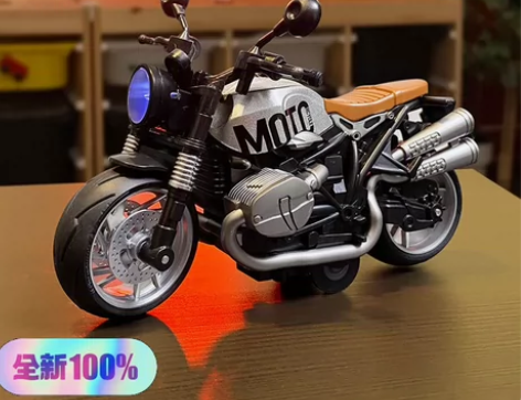 仿真摩托车银钢拿铁宽胎回力复古合金模型灯光...