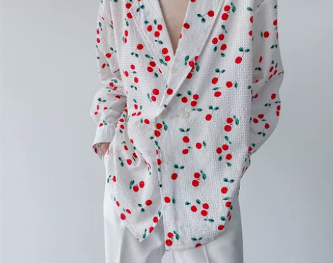 春秋个性气质樱桃潮流西服领设计衬衫男透气舒...